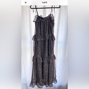 Who What Wear Spaghetti Strap Abstract Brown And Pink Ruffle Tiered Maxi Dress